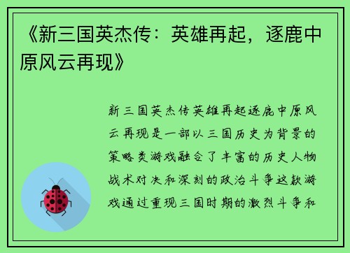 《新三国英杰传：英雄再起，逐鹿中原风云再现》