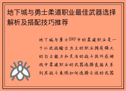 地下城与勇士柔道职业最佳武器选择解析及搭配技巧推荐